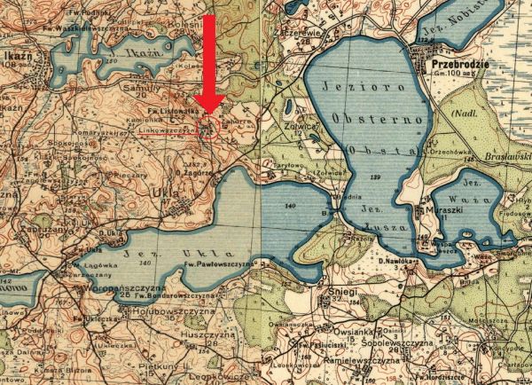  Linkowszczyzna, village (Ciacierkaŭski rural council). Fragment gminy wiejskiej Przebrodzie z zaznaczeniem lokalizacji Linkowszczyzny, rok 1932