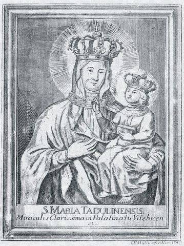 Тадуліна, вёска (Вымнянскі сельсавет). Старинная чудотворная икона Божей Матери Тадулинская.<br>Подарена монастырю князем Фаддеем Огинским 8 сентября 1743 года.<br>От иконы были случаи исцеления.<br>Судьба иконы - неизвестна.