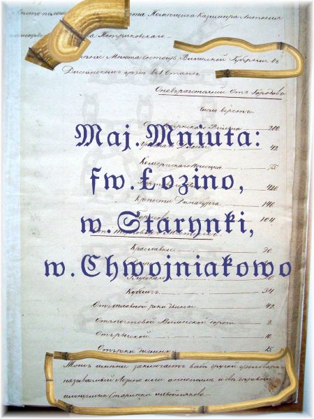  Starzynki, folwark   (Plisa gmina wiejska  ). Strona z inwentarza maj.Mniuty 2<br>z 1848 r. Kazimierza Potrykowskiego-<br>w dolnym akapicie podano<br>należące do majątku folwark Łozino,wieś<br>Star(z)ynki i wieś Ch(w)ojniakowo.<br>Majątek ten po śmierci K.Potrykowskiego odziedziczyli Kamieńscy;Star(z)ynki należały do Marii (siedzi na zdjęciu po prawej stronie wdowy Leokadii Potrykowskiej-zdj.z 1911 r.- patrz kolekcja J.Nowickiego-zdjęcie drugie od góry ).<br>