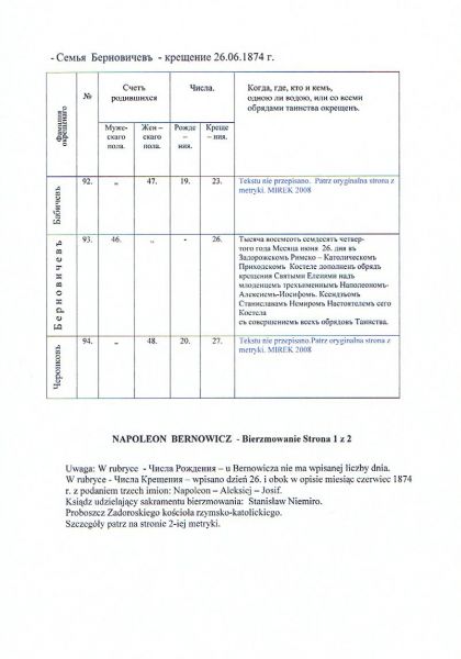  Тупичино 2, фольварк (Лужки сельская гмина). metryka chrztu (- strona 2) <br>Napoleona Bernowicza w odpisie z rosyjskiego oryginalu