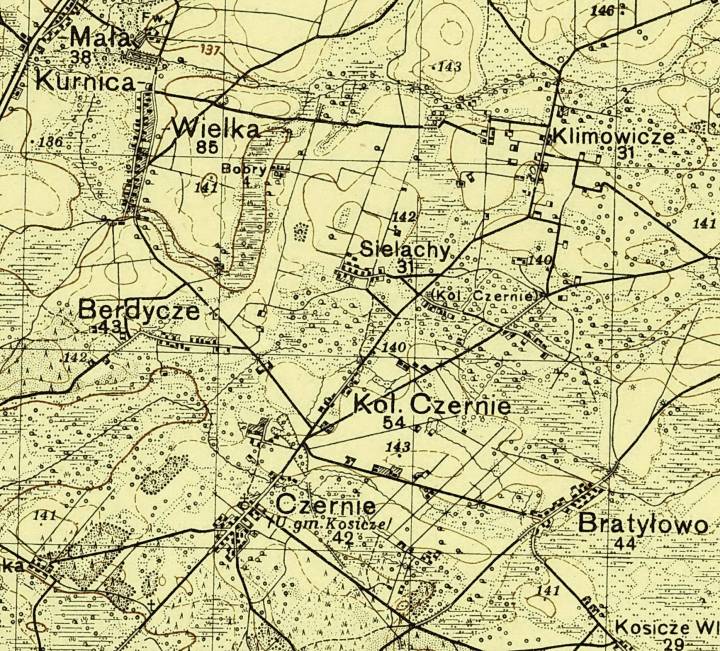  Черни, агрогородок (Чернинский сельсовет). Здымак са старой карты. Чэрні і акруга. Стан на 1914 год...