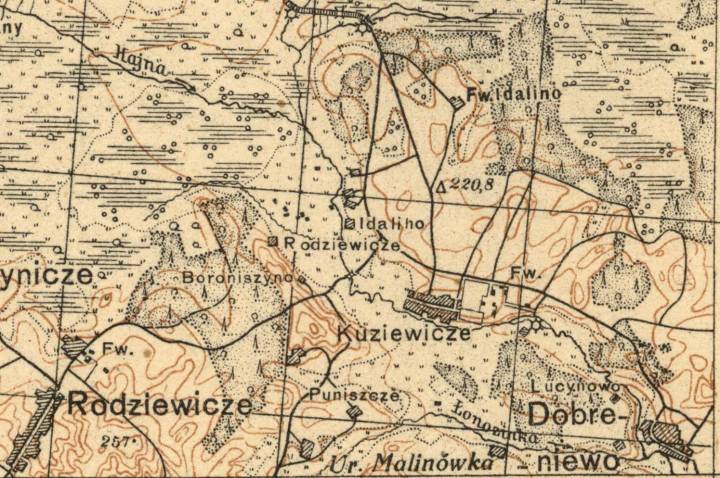  Dobriniewo, wieś   (Hajnienski sielsowiet  ). Здымак са старой карты. У правым ніжнім вугле знаходзіцца Дабрэнева...