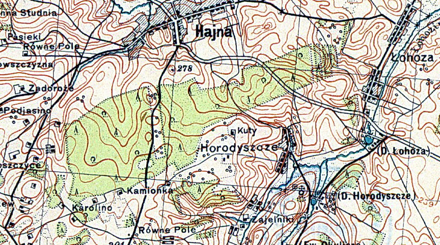  Hajna, agromiasteczko   (Hajnienski sielsowiet  ). Здымак са старой польскай карты, стан да 1914 года...