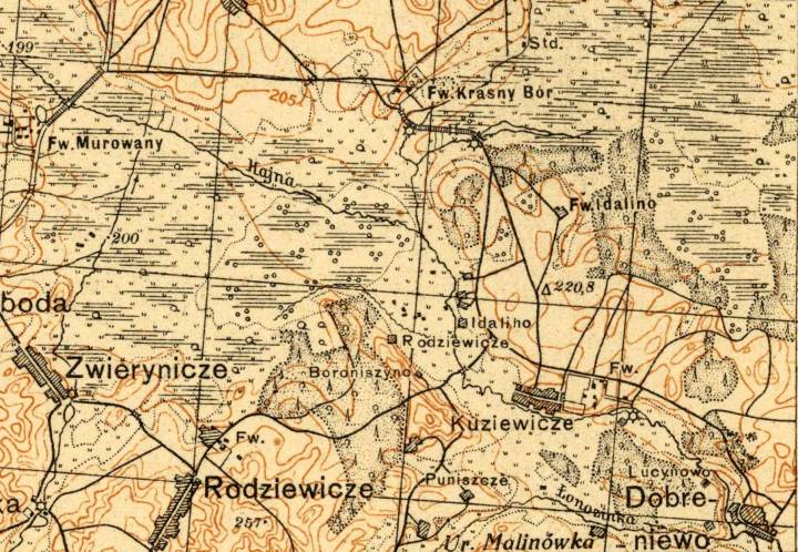  Krasny Bór, wieś   (Hajnienski sielsowiet  ). На старой карце, на паўвостраве сярод балот, бачны вёска Ідаліна і фальварк Ідаліна...