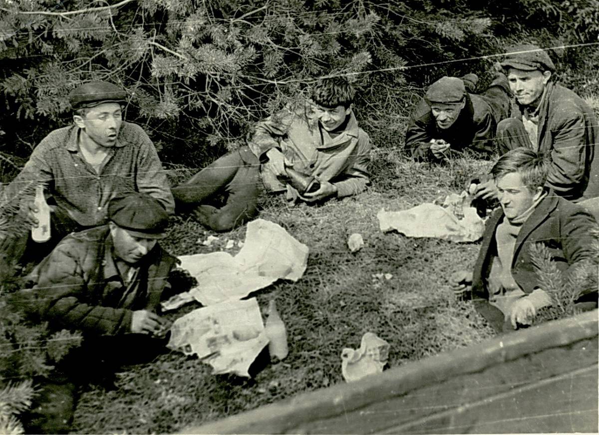  Logoza, village (Hajnienski rural council). Механізатары абедаюць на ўскрайку поля...