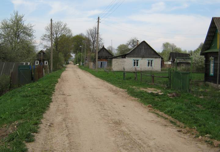  Rodziewicze, wieś   (Hajnienski sielsowiet  ). Родзевічы. У старым сяле вузкая вуліца. Дзе на першым плане здымка бачым дарогу, то 5-7 стагоддзяў назад быў мост цераз ручай...