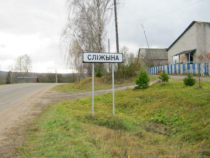  Sliżyno, wieś   (Januškavicki sielsowiet  ). Дарога цераз вёску