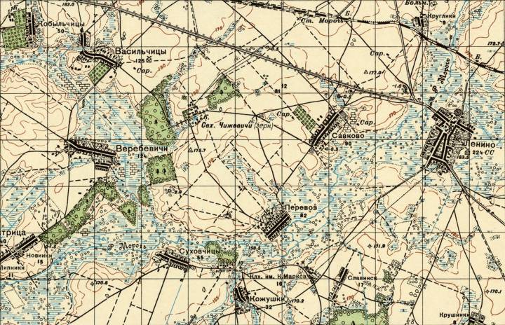  Perevoz, village (Doktaravicki rural council). Фрагмент карты 1936 г.<br>М 1:50000 (в 1 см - 500 м.)