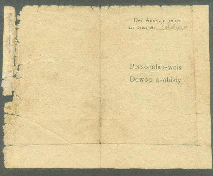  Brzezina, folwark   (Holszany gmina wiejska  ). Dwujęzyczny dowód osobisty wydawany przez władze niemieckie w czasie okupacji - część  tytułowa.