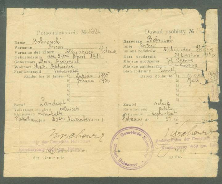  Brzezina, folwark   (Holszany gmina wiejska  ). Dwujęzyczny dowód osobisty wydawany przez władze niemieckie w czasie okupacji - część wewnętrzna.