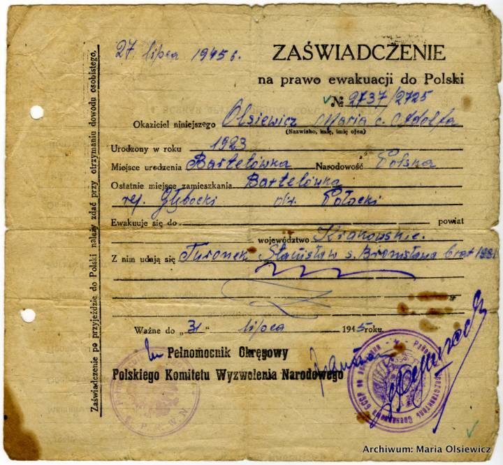  Bartylówka, kolonia   (Zalesie gmina wiejska  ). Rosjanie nie pozwalali na wyjazd do Polski. W końcu po bardzo wielu staraniach taką zgodę wydali pod warunkiem, że oczywiście trzeba zostawić tam cały majątek.