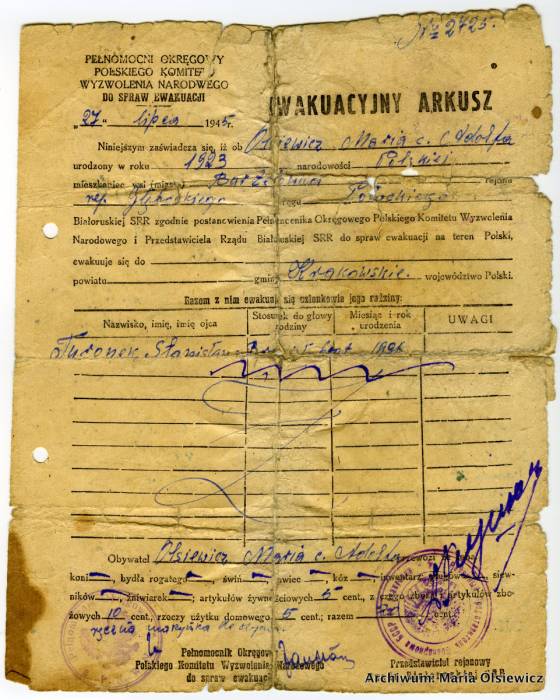  Bartylówka, kolonia   (Zalesie gmina wiejska  ). Arkusz ewakuacyjny.<br>Wyjazd był bardzo przykry. Zostawiliśmy tam dobytek całej rodziny i kilkadziesiąt hektarów wraz z zabudowaniami.<br>Taka była cena za wolność i prawo wyjazdu do Polski.