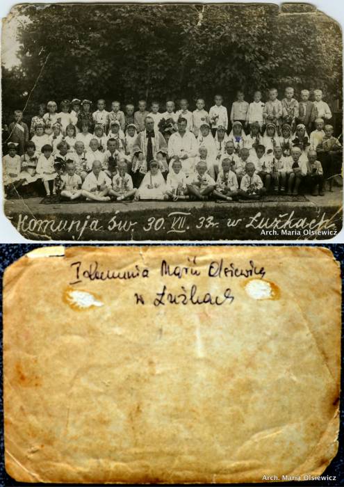  Лужкі, вёска (Лужкоўскі сельсавет). Komunia w Łużkach.<br>Maria Olsiewicz (7 od prawej strony w drugim rzędzie od góry)