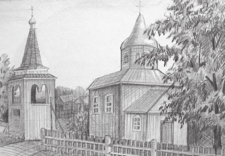  Kalinkavičy, town ( ). Калинковичская Униатская Свято-Никольская церковь в начале 19 века, рисунок худ. Г.Д. Сафронова