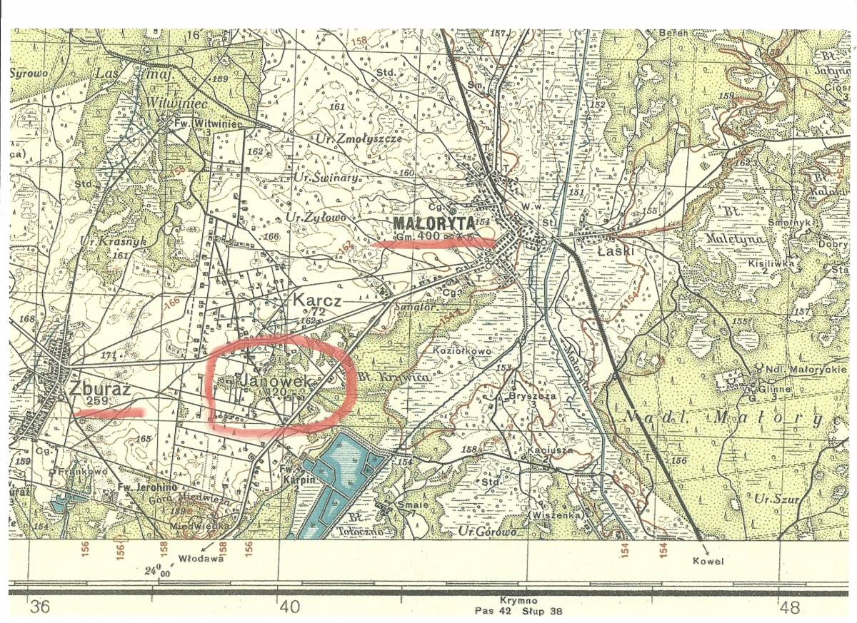  Карч, фольварк (Малорита сельская гмина). Miejscowość zaznaczona kołem na czerwono.<br>Obecnie na tym miejscu rośnie las.