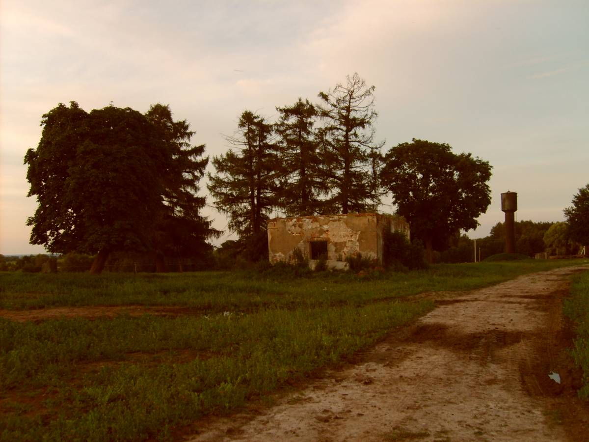  Мілушава, фальварак (Нягневічы вясковая гміна). Полуразрушенное кирпичное здание времен помещика Девчупольского на месте его исчезнувшей усадьбы. 