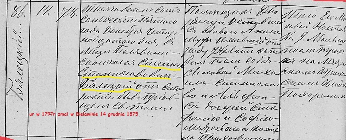  Bielawino, folwark   (Miadzioł gmina wiejska  ). Metryka zgonu Stefana Stanisławowicza Białeckiego radcy tytularnego h. Jelita