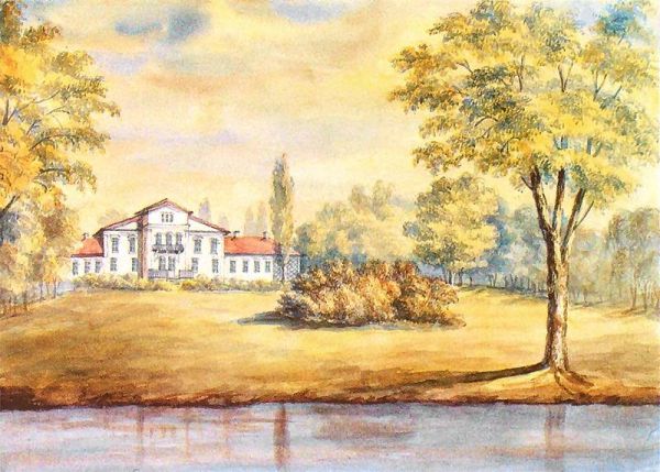  Burdykowszczyzna, folwark   (Poczapowo gmina wiejska  ). Pałac Ejsmontów w folwarku Burdykowszczyzna. Widok od strony ogrodu. Pałac dwukondygnacjowy z tarasem na parterze i balkonem na pierwszym piętrze w trzykondygnacjowym ryzalicie środkowym oraz z parterowymi skrzydłami. Dat.: d. 24 Sierp. 1876. Napis: Burdukowszczyzna Generałowa Regina Ejsmontowa z domu Obuchowiczówna; napis na podkładzie: Burdukowszczyzna, G. Mińska. 1876. Rys. ołówkiem podmalowany akwarelą. 19,8 x 28,6 cm. Muzeum Narodowe, Kraków. III-r.a. 4454. (Teka Mińska). 