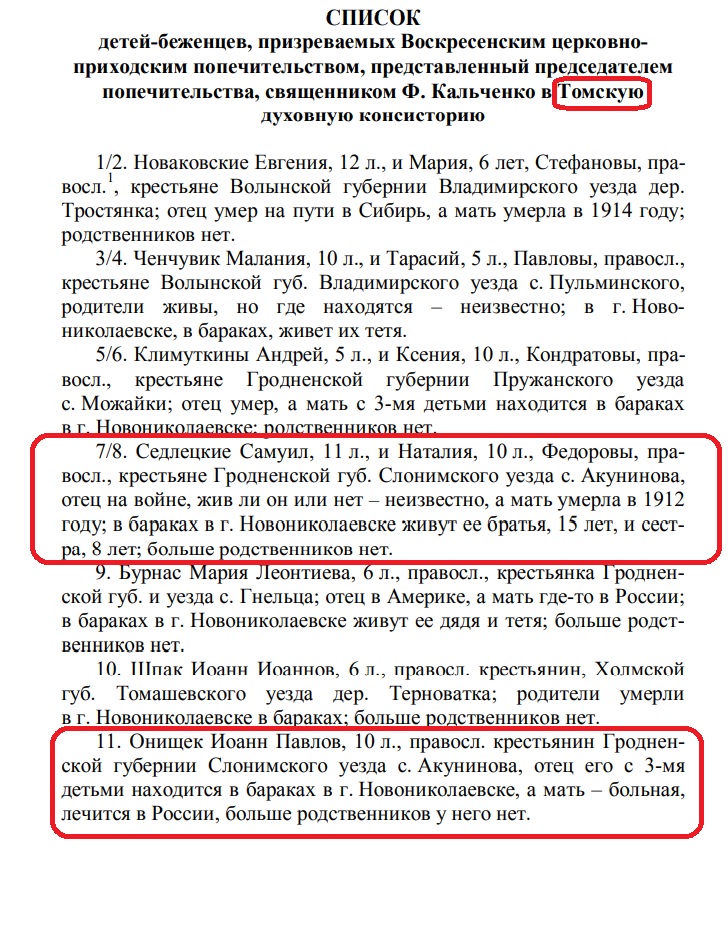  Акунінава, вёска (Новадзевяткавіцкі сельсавет). 1915 год. Беженство - Томск.