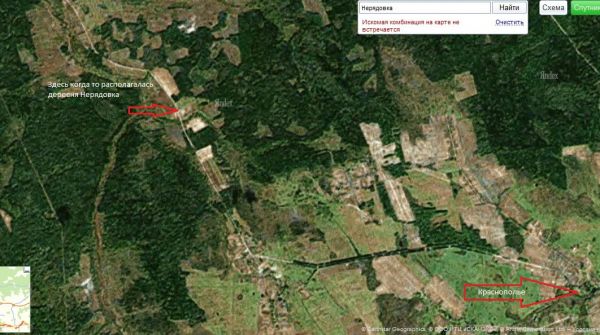  Neryadovka, village (Krasnopolskaya volost). Снимок со спутника. Стрелкой отмечено место положение деревни.